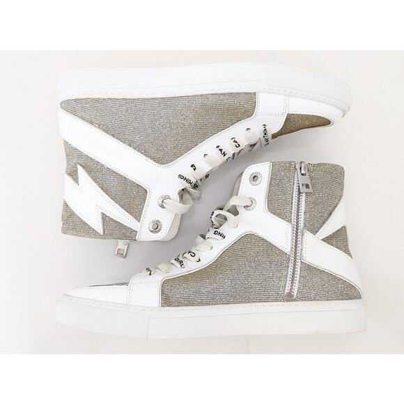 Zadig & Voltaire ZV1747 High Flash Sneakers Women’s Sz 7 White Metallic Leather - Picture 6 of 12